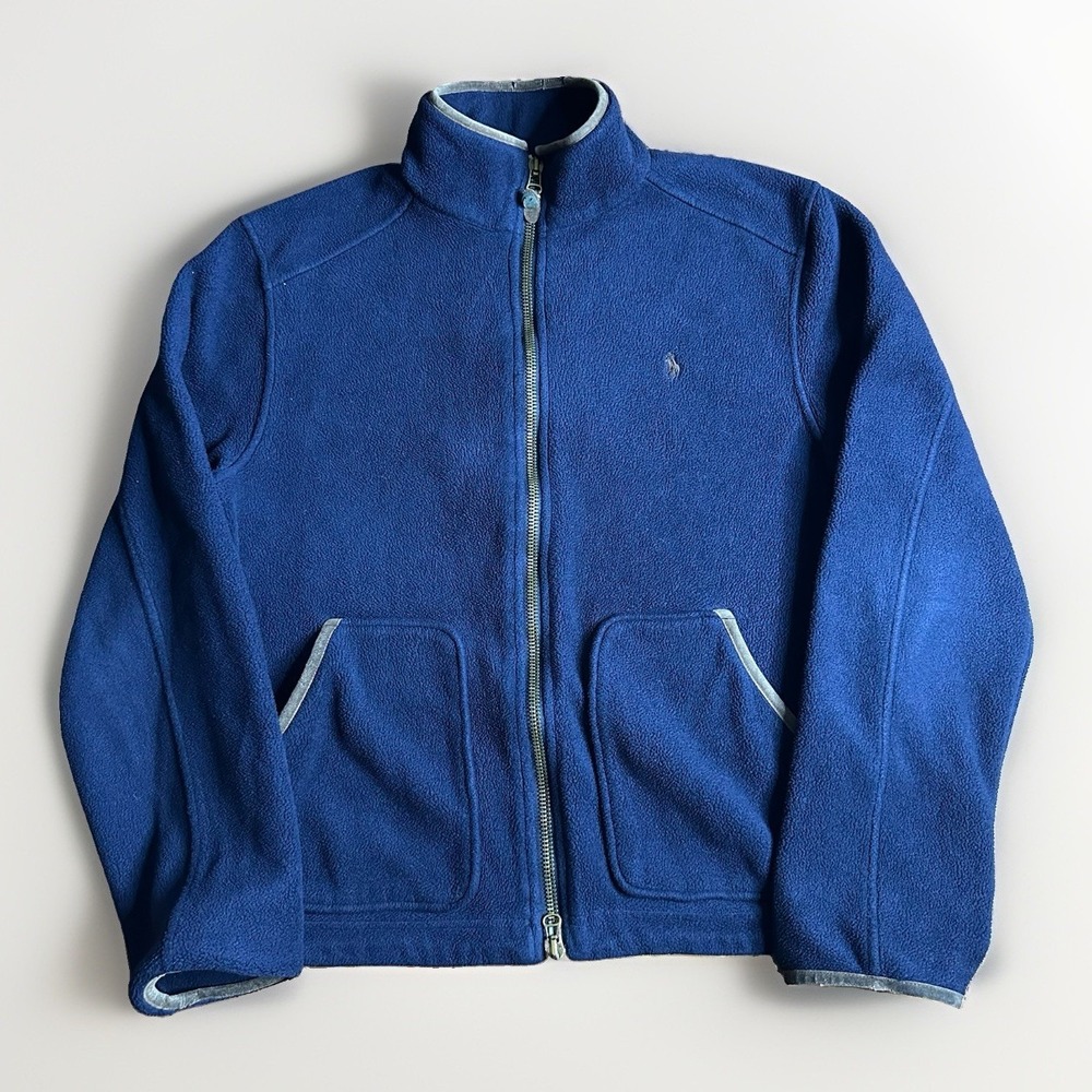 Vintage Polo Ralph Lauren Fleece Jacket Men Large Navy Blue Leather Trim Biswing